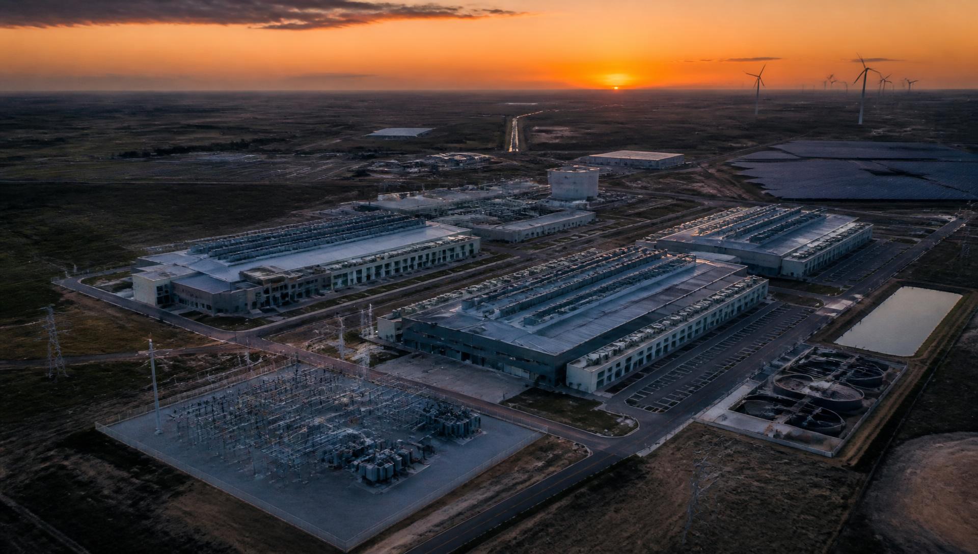 Integrated data-centre campus at dusk
